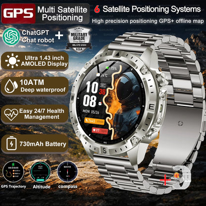 2026New Military Tank GPS SmartWatch Offline Map 10ATM Swim 2GB RAM Music Altitude Compass Bt Call Fitness Sports Smartwatch Men