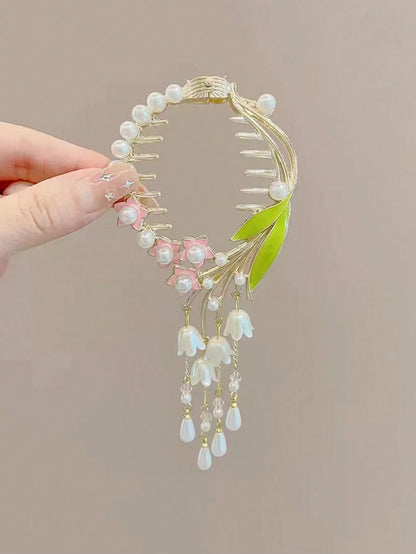 1pc Teen' Bun Holder Clip With Flower Tassel Decor, Perfect For Parties And Daily Wear In Summer